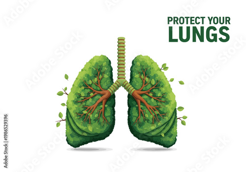 Healthy Lungs Vector Illustration of Green Lungs with Leaves Protect Your Lungs