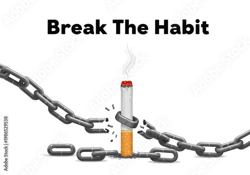 Vector illustration of breaking a cigarette chain to symbolize quitting smoking and overcoming addiction