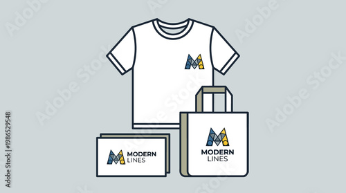 T-shirt and tote bag mockup featuring geometric logo design modern style blue and yellow accents promotional branding templates on gray