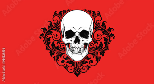 Human skull centered in a lush black floral flourish that forms a heart shape set against a vibrant solid red background for edgy art.