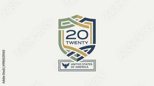 United States of America 2020 logo in shield shape with intricate woven design in green gold and blue against a cream background for branding and design