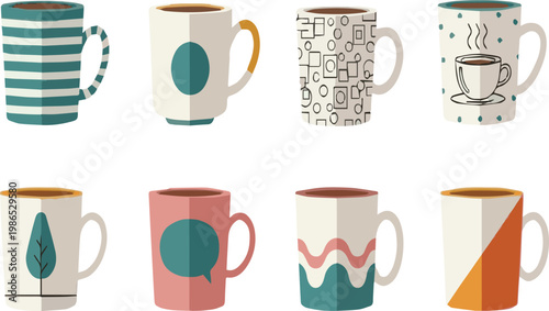 Collection Of Eight Stylized Coffee Mugs With Different Patterns ffgd