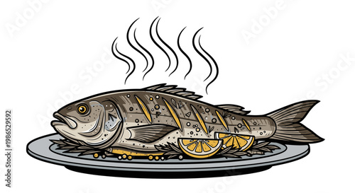 Grilled Fish on Plate with Lemon.