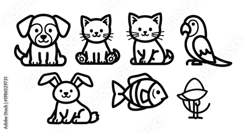 Black and white line drawing animals.