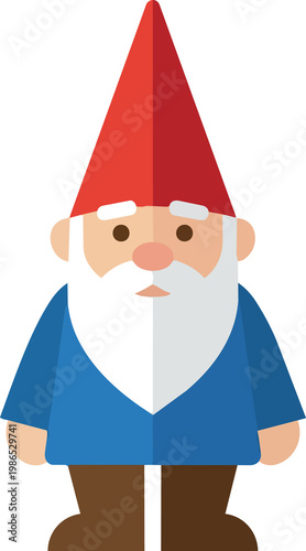 Vector art of a cheerful garden gnome wearing a red pointy hat long white beard blue tunic and brown boots; against a plain white backdrop
