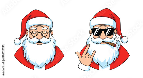 Two Santa Claus characters side by side showing a traditional friendly face and a cool rocker version with sunglasses and a cigar.