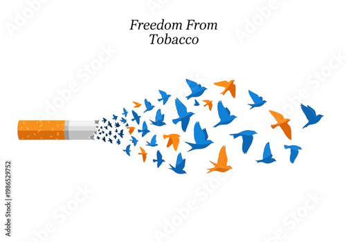 Vector illustration of a cigarette transforming into a flock of birds symbolizing freedom from tobacco