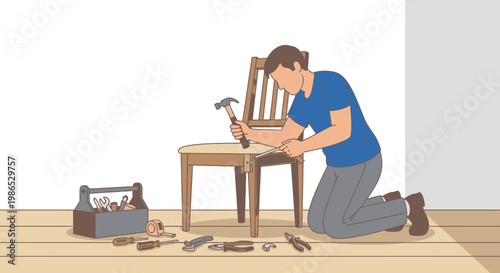 Man kneeling on floor repairing chair.