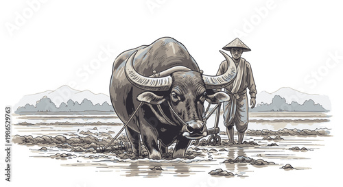 Man standing next to large ox.