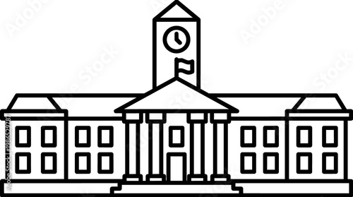 Vector building facade with clock tower and flag; government architecture in minimalist black and white line art style illustration