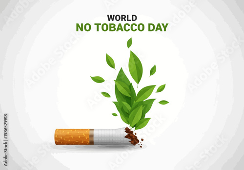 World No Tobacco Day vector illustration of a broken cigarette with green leaves, promoting health awareness