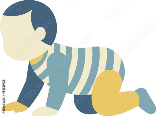 Vector flat illustration of a crawling baby with a striped shirt on a black background in a minimalist design style for stock use
