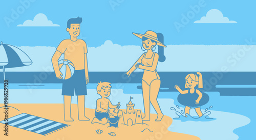 Family on beach vacation together.
