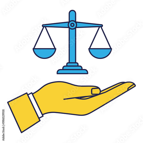 Hand holding scales of justice in balanced equilibrium symbolizing fairness and law icon