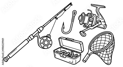 Fishing gear and tackle equipment set.