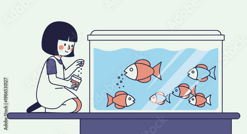 Little girl looking at fish tank.