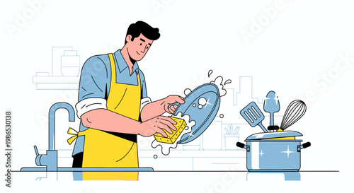 Man Wearing Apron Washing Dishes.