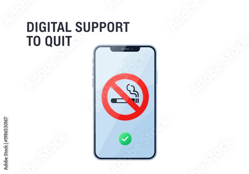 Vector illustration of a smartphone displaying a 'no smoking' symbol, symbolizing digital support to quit tobacco use