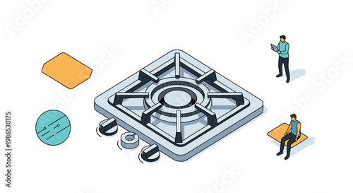 Isometric illustration of a modern gas stove top with tiny people interacting with various floating shapes and panels.