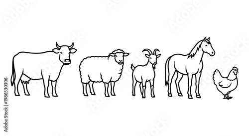 Farm animals standing in line 1.