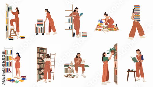 Set of flat illustrations featuring a librarian or bookseller organizing, reading, and managing books in a library or bookstore setting.
