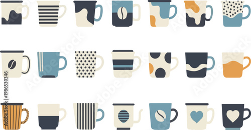 Collection of flat design coffee mugs with abstract patterns and coffee beans drink