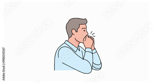 A side profile of a man with grey hair coughing into both of his hands with action lines around his mouth area.