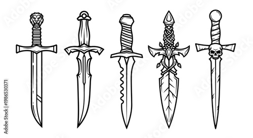 Five medieval swords with different designs.