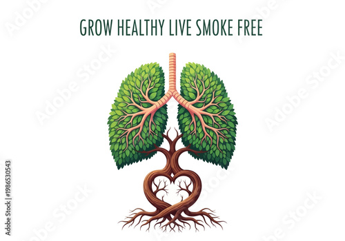 Vector illustration of lungs shaped like a tree with roots forming a heart, promoting healthy living and a smoke-free life