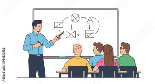 Businessman teaching on whiteboard to students.