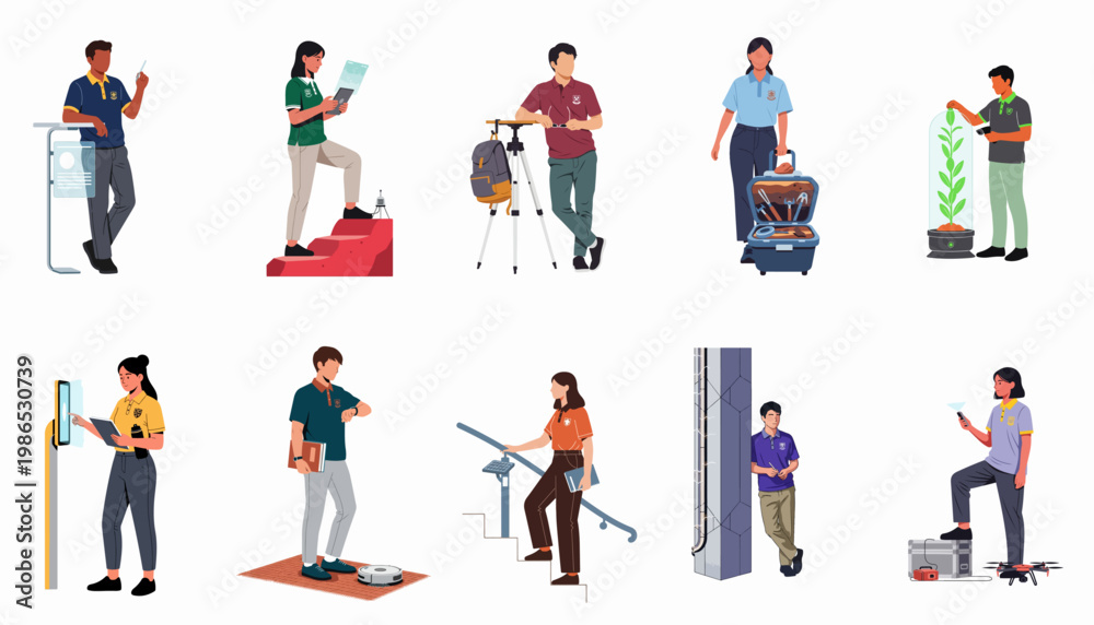 Fototapeta premium A comprehensive set of flat vector illustrations showcasing diverse students and professionals interacting with modern technology, sustainable energy, and innovative research tools.