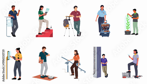 A comprehensive set of flat vector illustrations showcasing diverse students and professionals interacting with modern technology, sustainable energy, and innovative research tools.