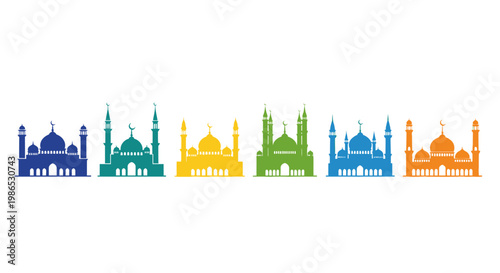 Colorful mosque silhouettes in row.
