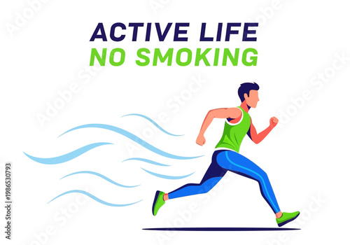Healthy active lifestyle vector illustration with a person running, promoting a smoke-free life