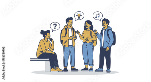 Four young adults in casual conversation.