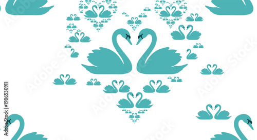 Seamless pattern of blue swans arranged in various heart shapes on a white background for romantic wedding or anniversary designs.