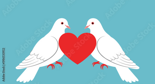 Illustration of two white doves facing each other with a large red heart between them on a light blue background.