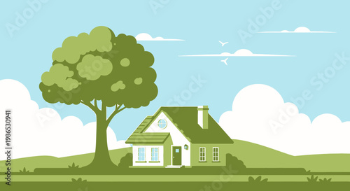 Green house with tree beside it.