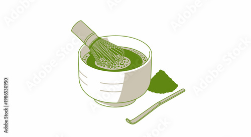 Green tea in a bowl with whisk.