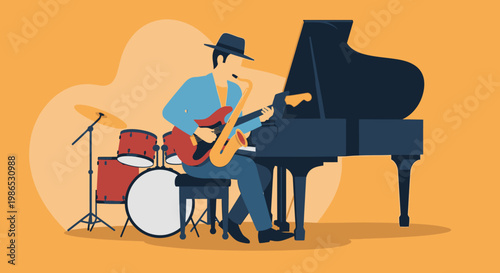 Man playing electric guitar and piano.