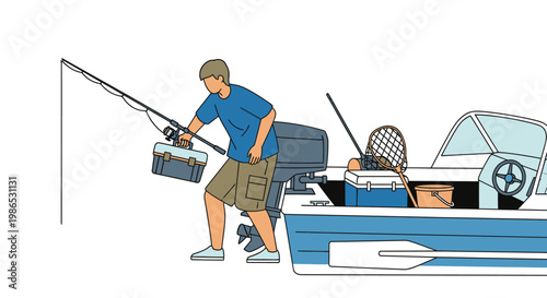 Man on boat with fishing rod.