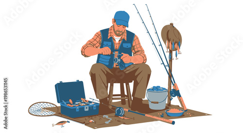Man Sitting with Fishing Gear Outdoors.