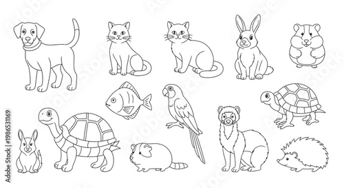 Variety of Cute Cartoon Animals Lineart.