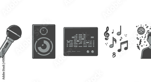 Music equipment and musical notes icons.