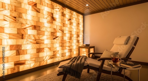 Modern spa lounge featuring warm wooden wall panels and relaxation seating.