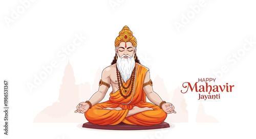 Illustration for Mahavir Jayanti depicting Lord Mahavir in a meditative pose with orange robes, set against a white background with subtle temple silhouettes, conveying a peaceful