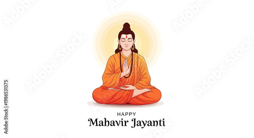 Illustration celebrating Mahavir Jayanti, showcases a serene Lord Mahavir in a lotus position, set against a clean white background, radiating spiritual peace and cultural reverence
