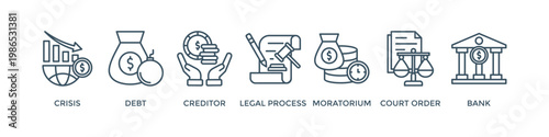 Bankruptcy banner web icon vector illustration concept with icon of crisis, debt, creditor, legal process, moratorium, court order, and bank