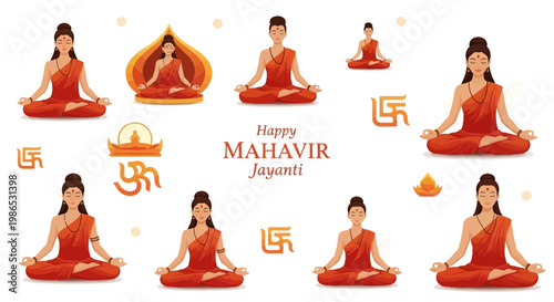 A symmetrical illustration celebrating Mahavir Jayanti, showcasing various depictions of Lord Mahavir in the lotus position against a clean white background, using a vector style with soft