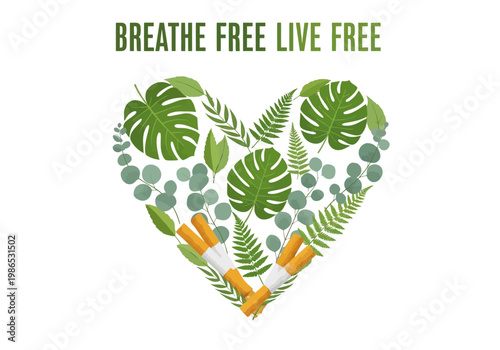 Heart-shaped composition of plants and cigarettes vector graphic representing the struggle for health and the choice between nature and harmful habits